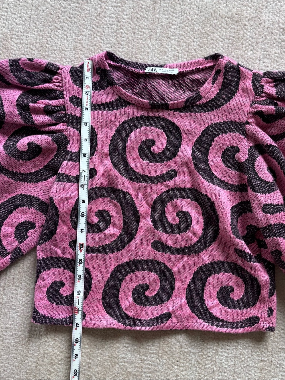 Zara Purple and Black Swirl Puff-Sleeve Crop Top Sweater Medium - Picture 6 of 9